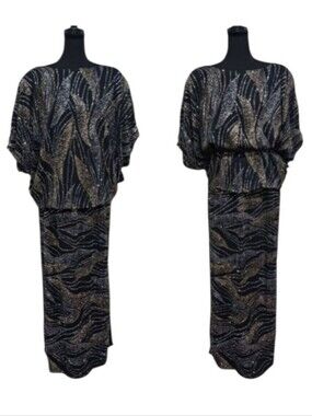 80s Andree 2-PC Gaye Glitter Batwing Blouse & Skirt Set